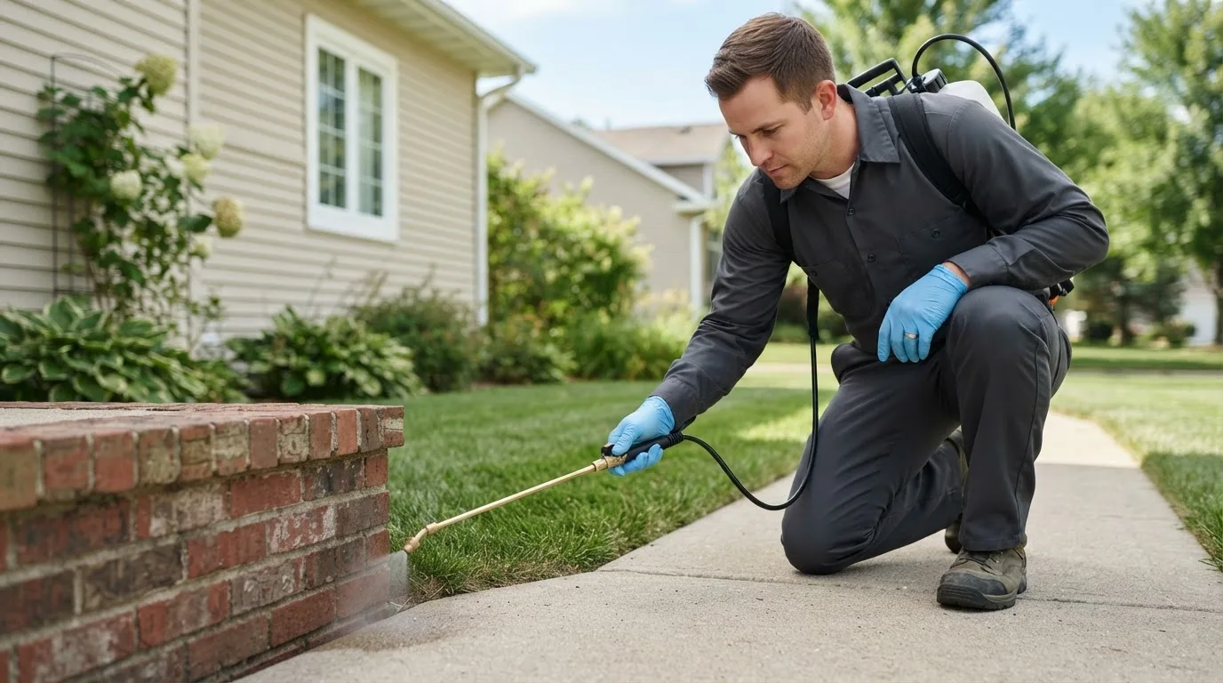 Pest control technician treating a home near Clarksville, IN